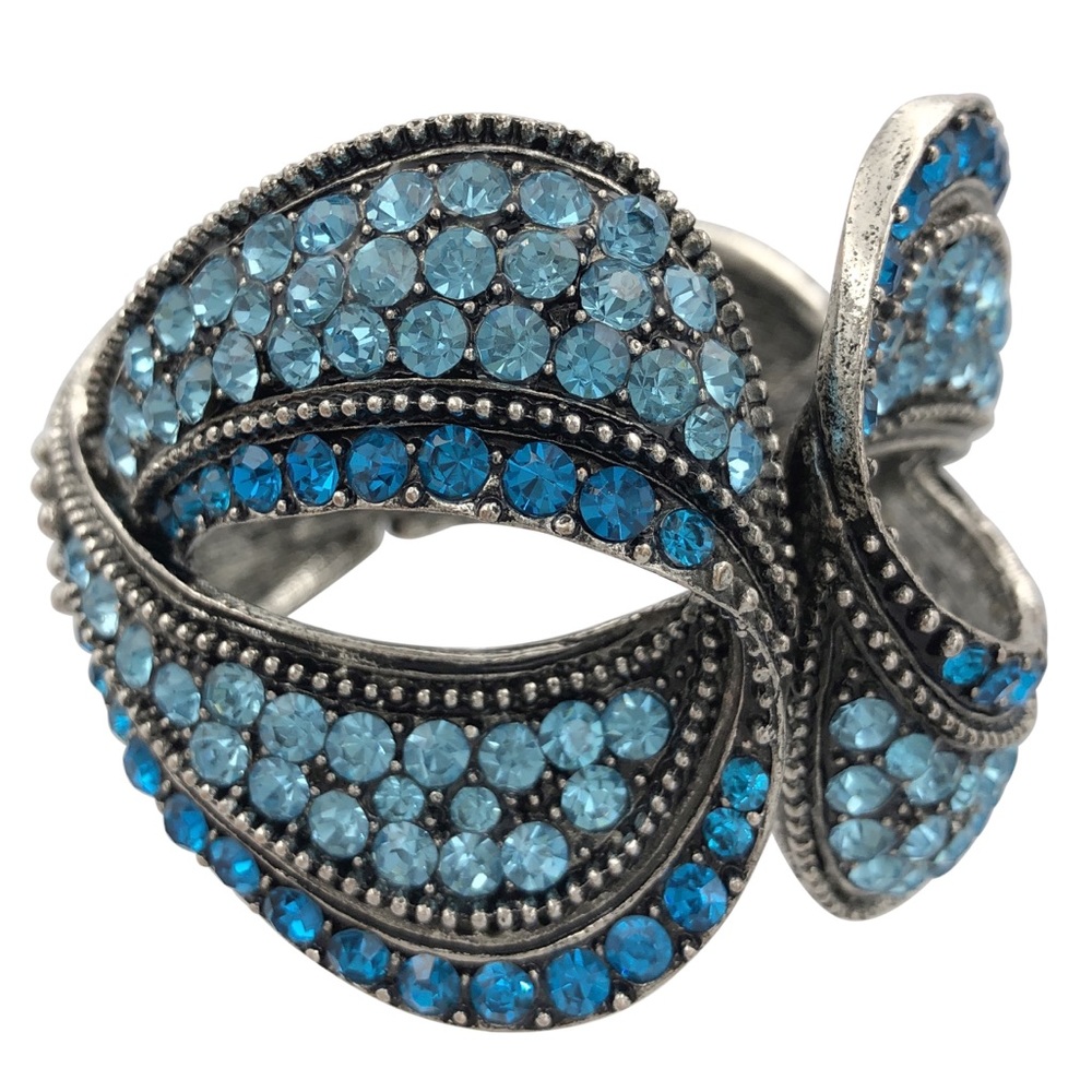 Blue Rhinestone Silver Chunky Statement Aqua Hinged Bangle Bracelet
